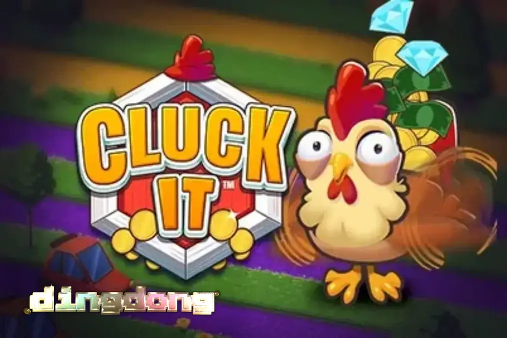 Tampilan visual game Cluck It dengan latar belakang peternakan dan karakter ayam yang lucu.