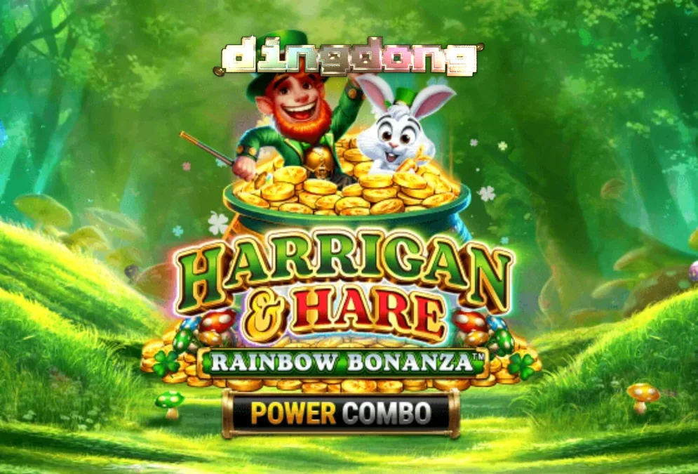 Tampilan antarmuka seluler slot Harrigan & Hare Rainbow Bonanza Power Combo dengan latar belakang perbukitan Irlandia.